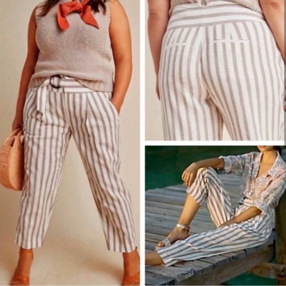 Anthropologie Women’s Pleated Pant Cream and Brown Stripes Pockets Size 22